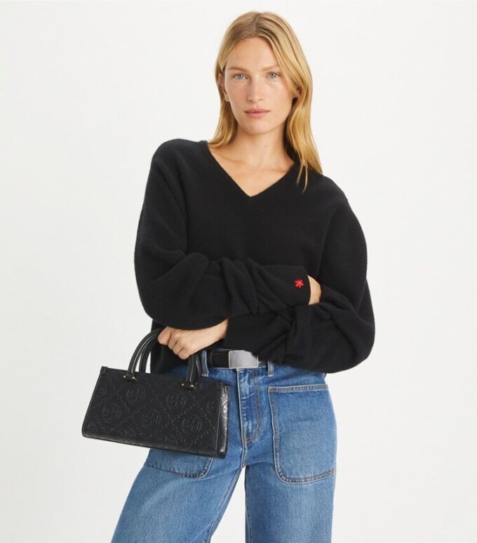 T Monogram Kabartmalı Küçük Doğu-Batı Tote