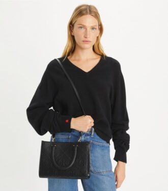T Monogram Üst Saplı Kabartmalı Tote