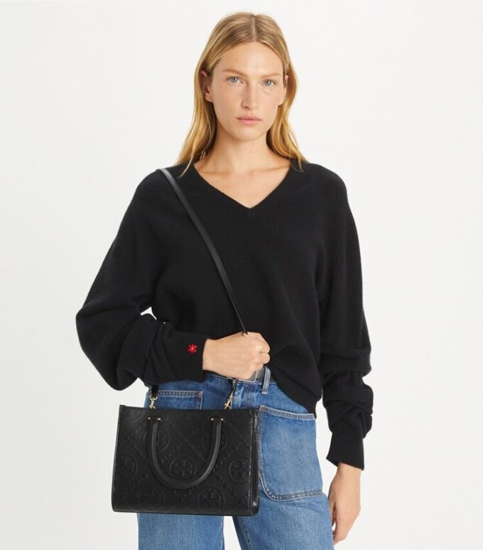 T Monogram Üst Saplı Kabartmalı Tote T Monogram Üst Saplı Kabartmalı Tote