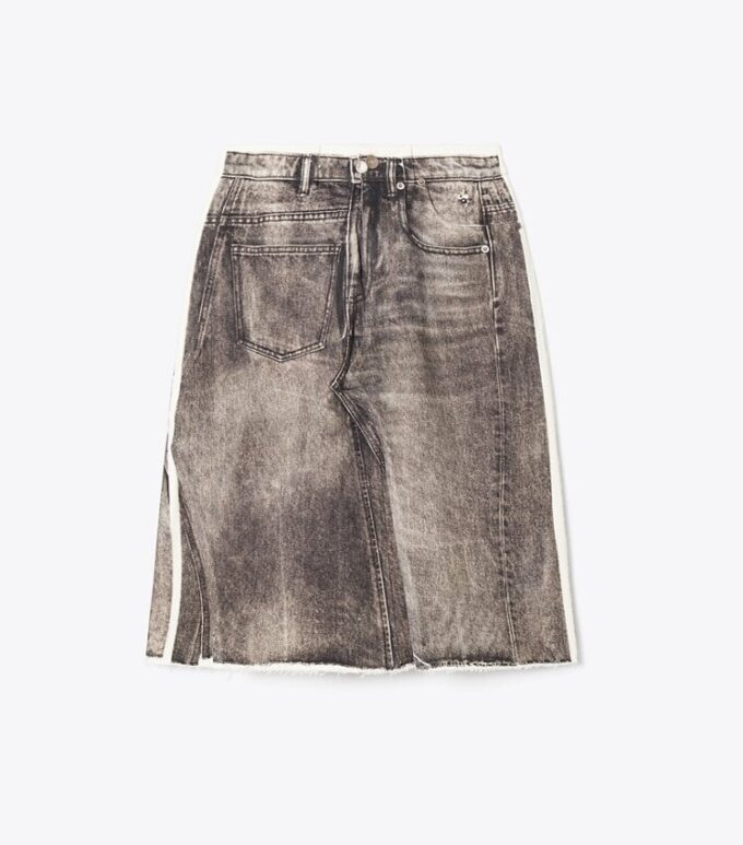 Üzerine baskı yapılmış dekonstrüktif denim etek Üzerine baskı yapılmış dekonstrüktif denim etek